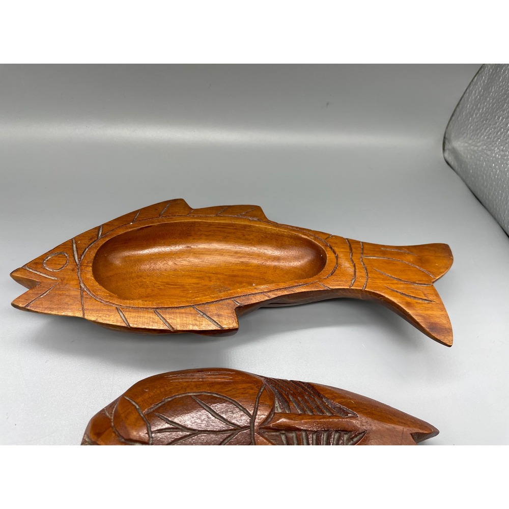 Vintage Hand Carved Wooden Fish Trinket Box Decorative Wood Bowl with Lid 9 Inch - Picture 3 of 5